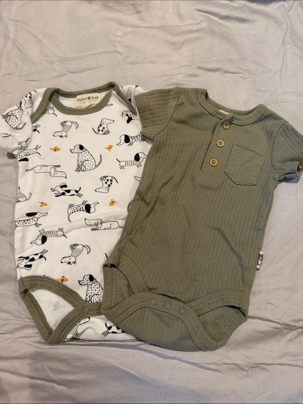 Rabbit + Bear Olive Short-Sleeve One-Piece & Dog Print Bodysuit Set
